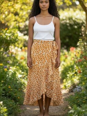 Simple Orange Floral High-Low Wrap Skirt